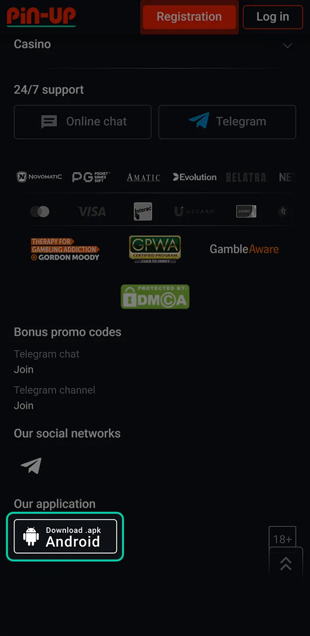 Download the Pin-Up app on Android.