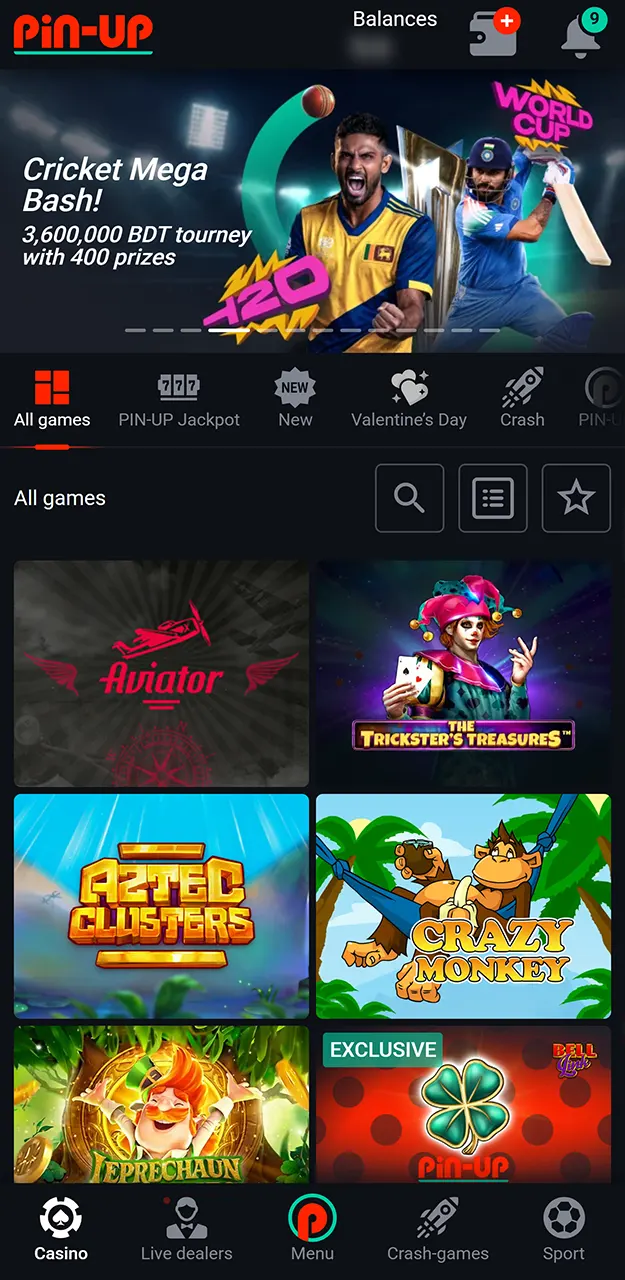 Play casino games on your device at Pin-Up.