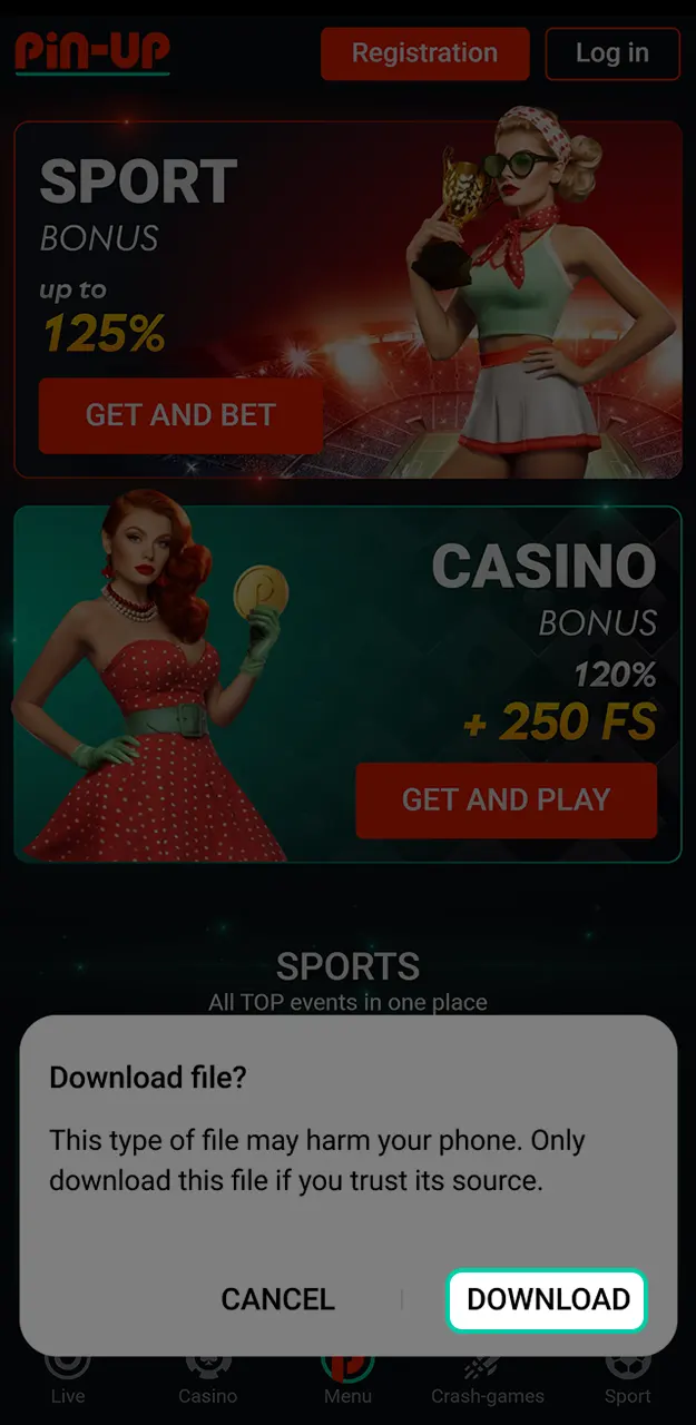 Allow the installation of the Pin-Up app for the Aviator game on your phone.