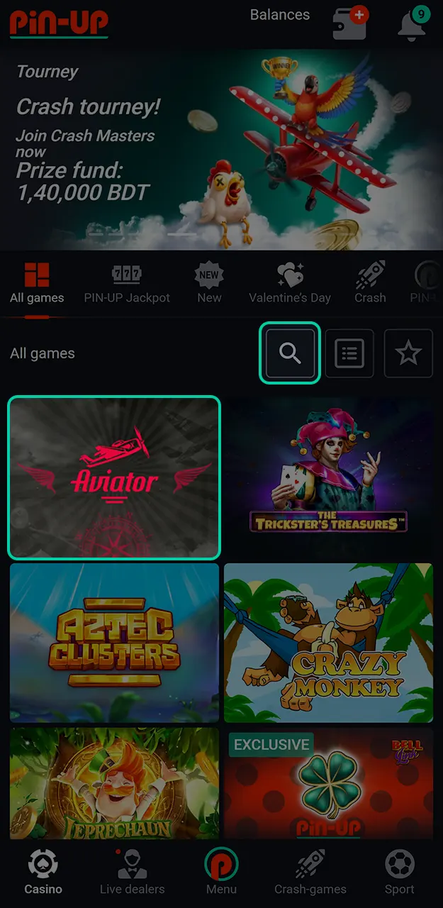 Find and launch Aviator on Pin-Up.