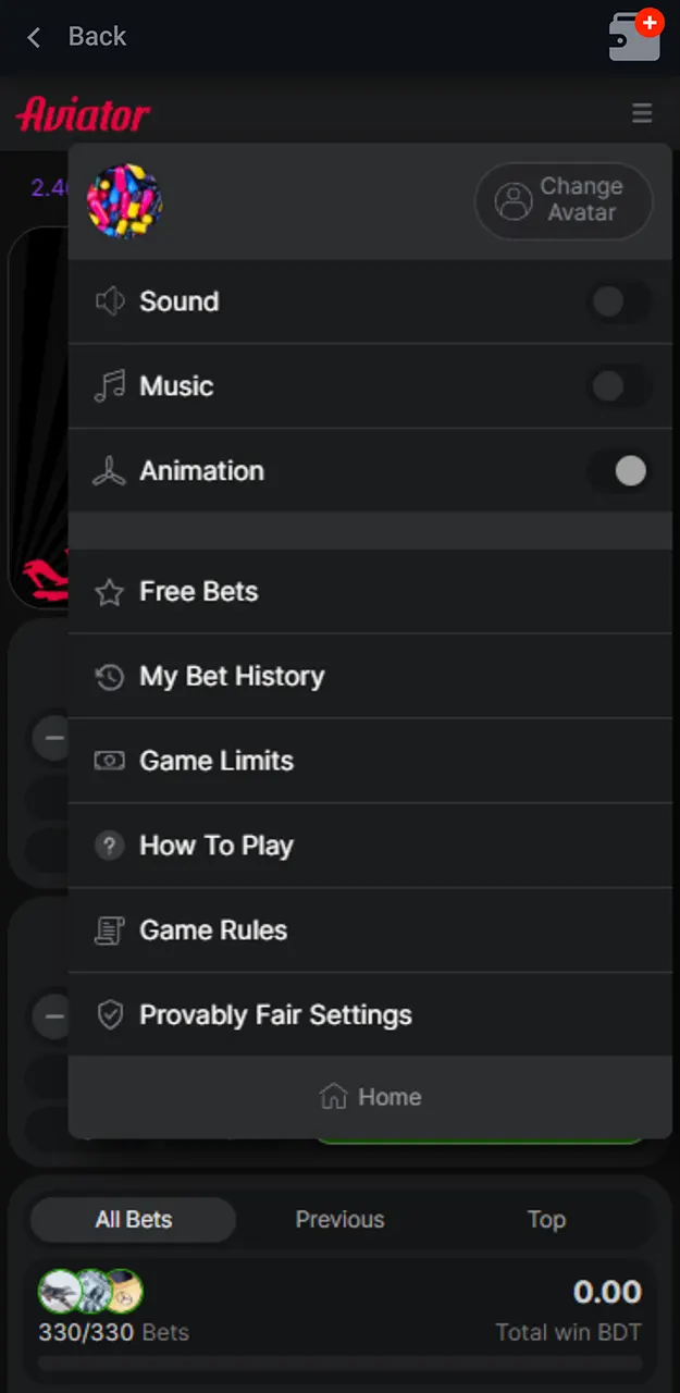 Customize your audio and animation preferences in the Pin-Up Aviator settings menu.