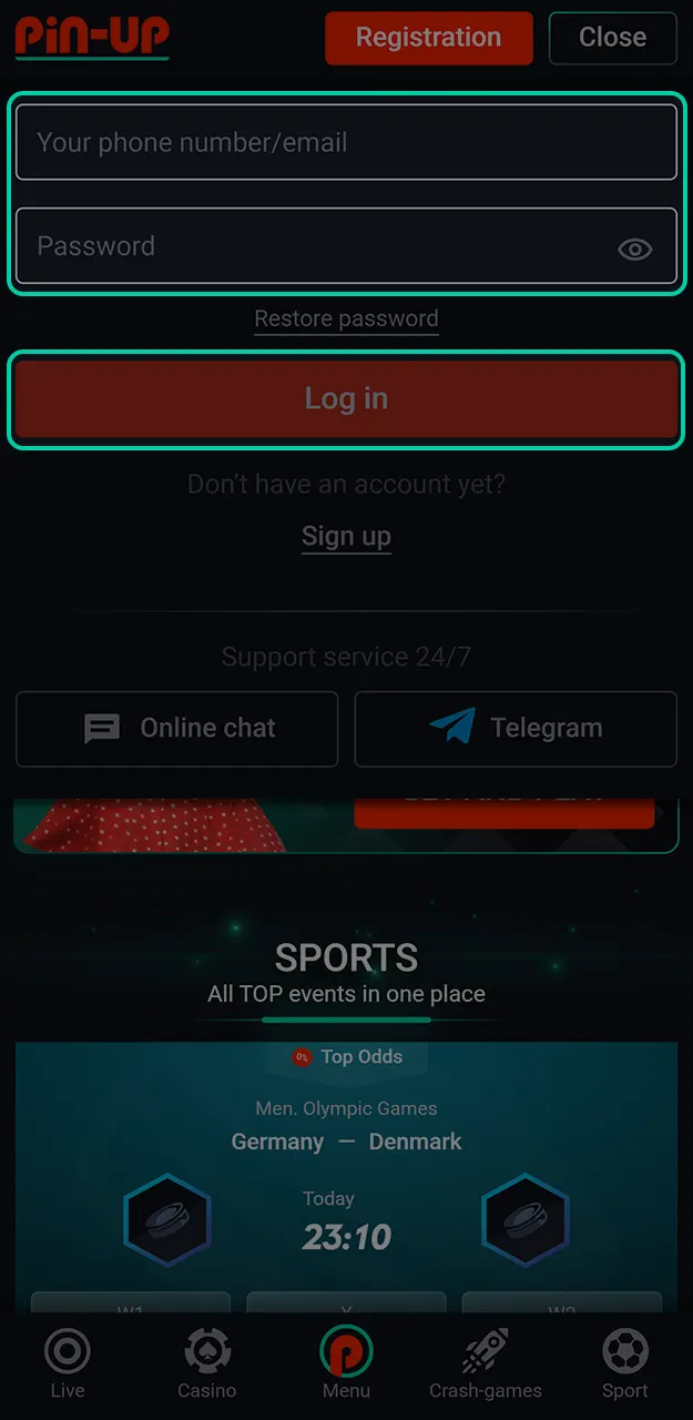 Log in to the Pin-Up app to easily manage your E-Sports bets.