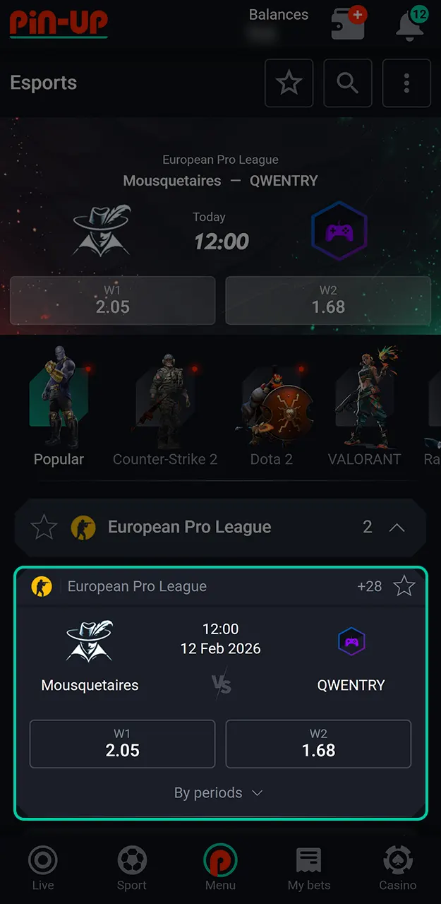 Choose from top tournaments available in the Pin-Up E-Sports betting section.