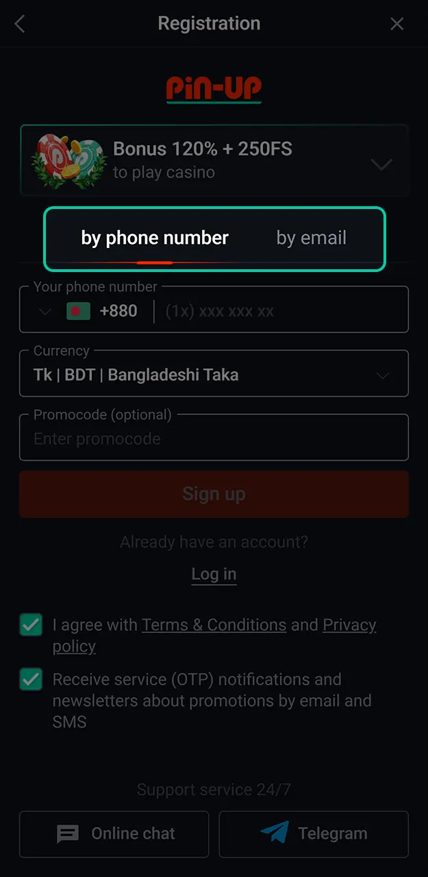 Select your preferred sign-up method during Pin-Up registration for ease.