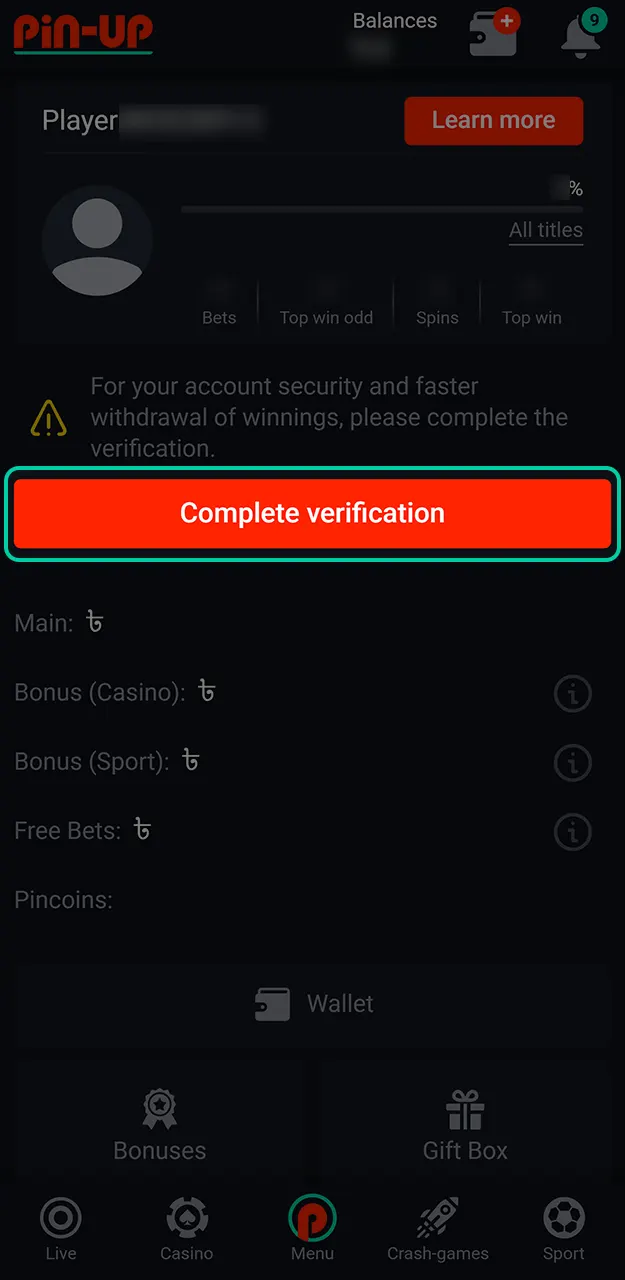 Verify your account to complete the Pin-Up registration and start playing.
