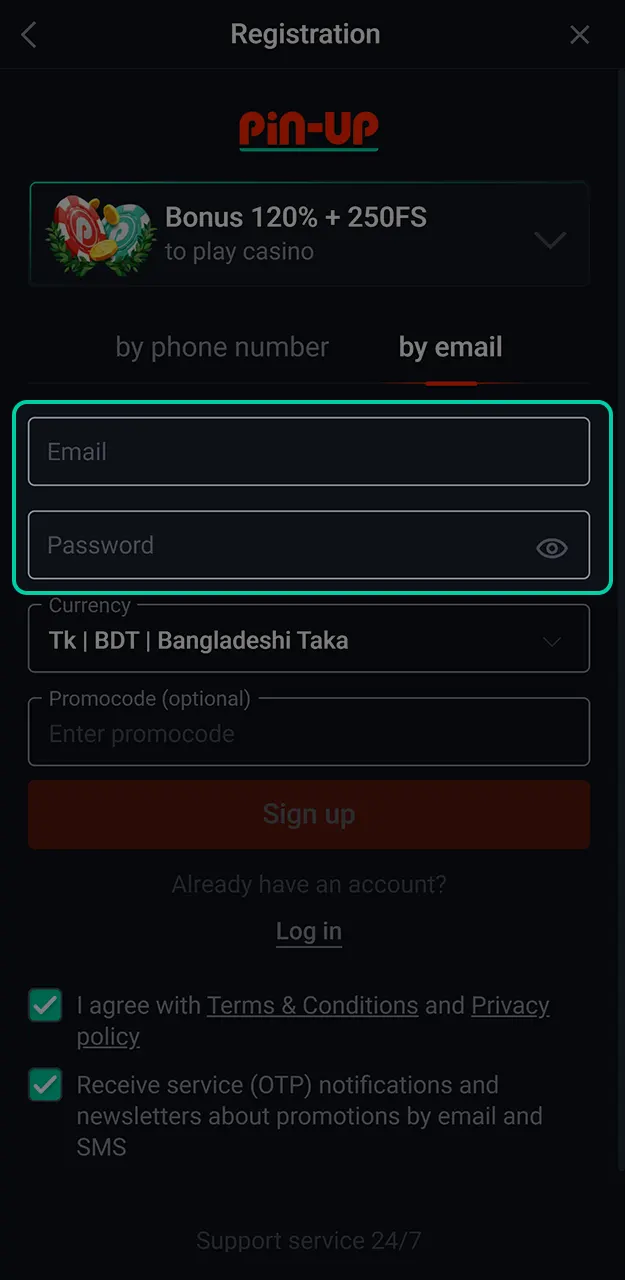 Fill in your personal info to secure your new Pin-Up registration profile.