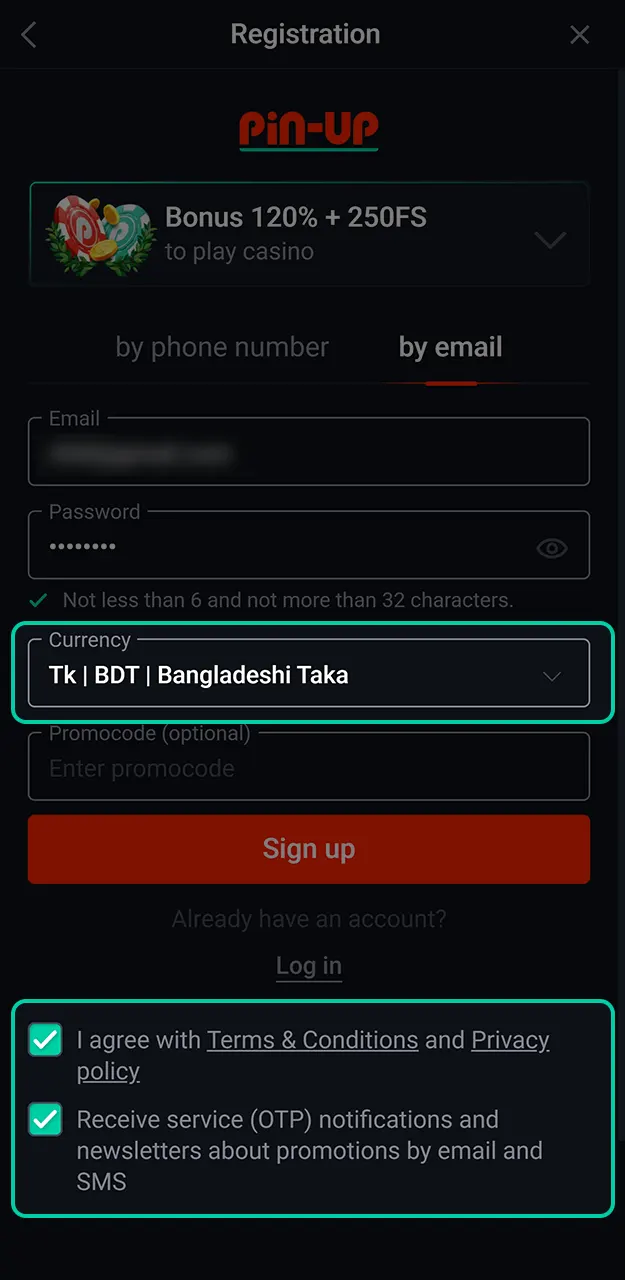Choose BDT currency and agree to terms to finalize Pin-Up registration.