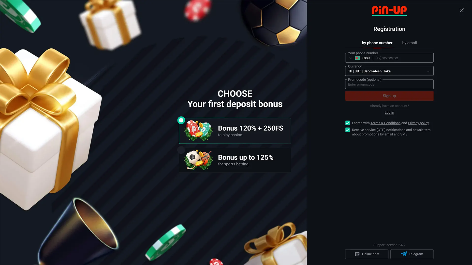 Complete a quick registration and gain access to your Pin-Up account.