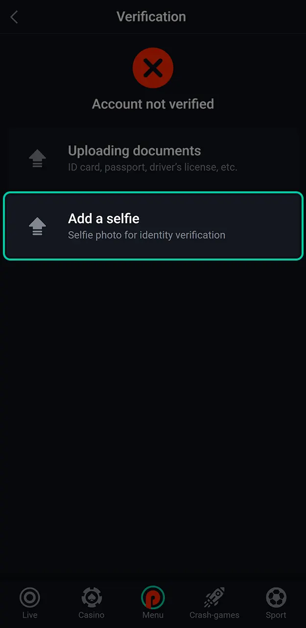 Provide a clear photo to confirm your identity during Pin-Up verification.