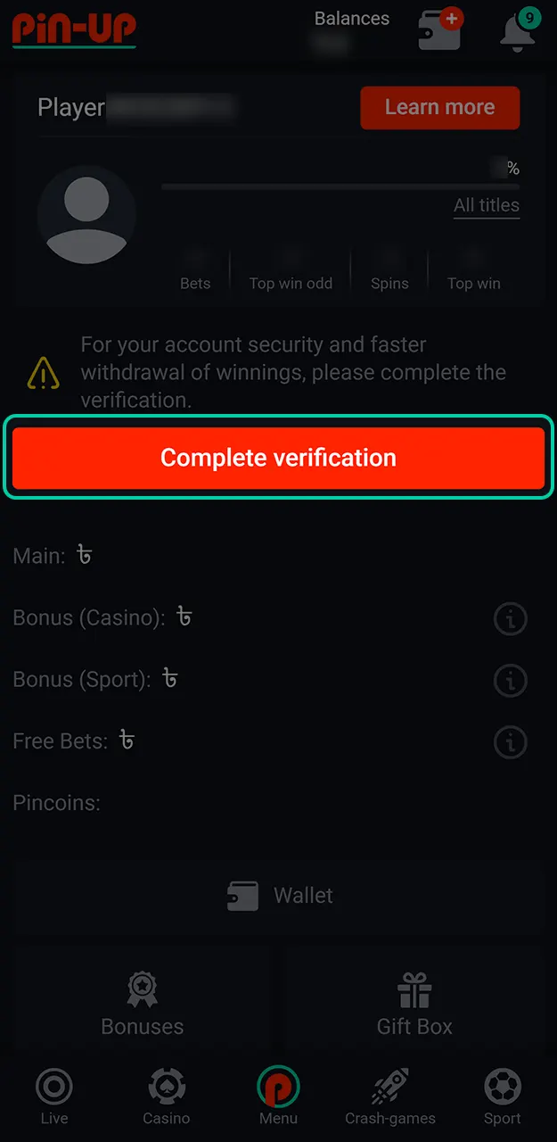 Navigate to the security section to begin your Pin-Up verification now.