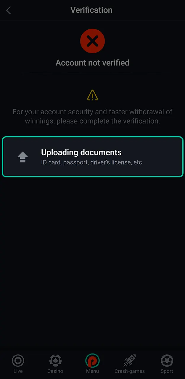 Upload your identity documents for the Pin-Up verification check.