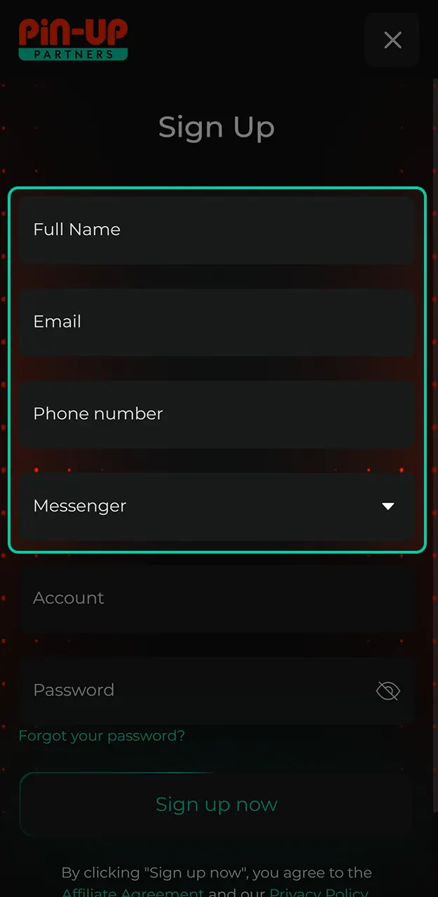 Confirm your communication details to secure your Pin-Up affiliate program profile.