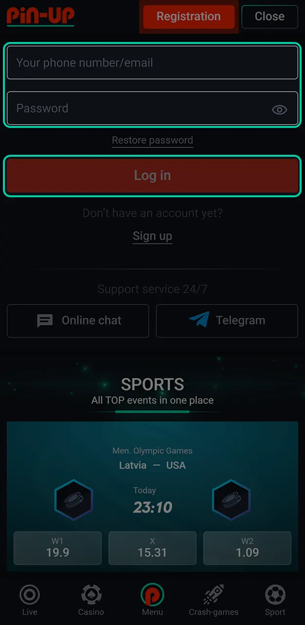 Log in to your profile to start the deposit process on Pin-Up on any device.