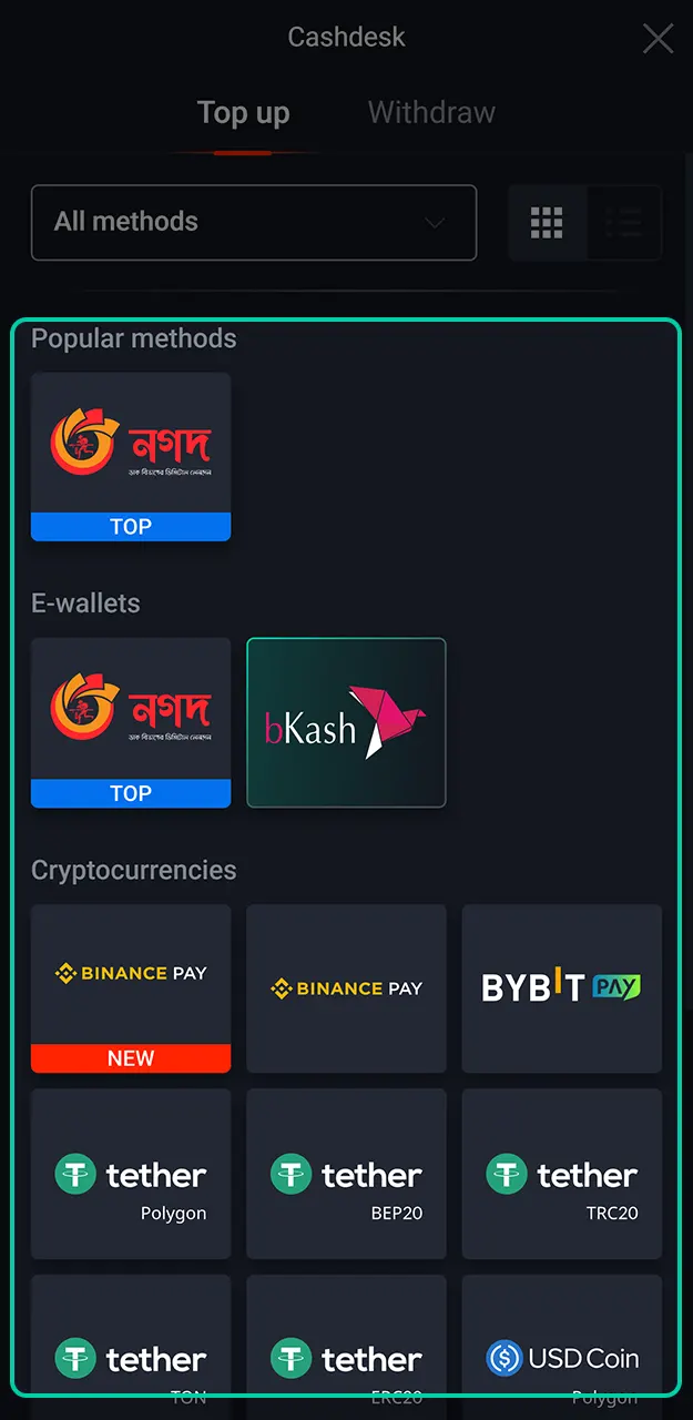 Select from bKash, Nagad, or other local tools for your Pin-Up deposit.