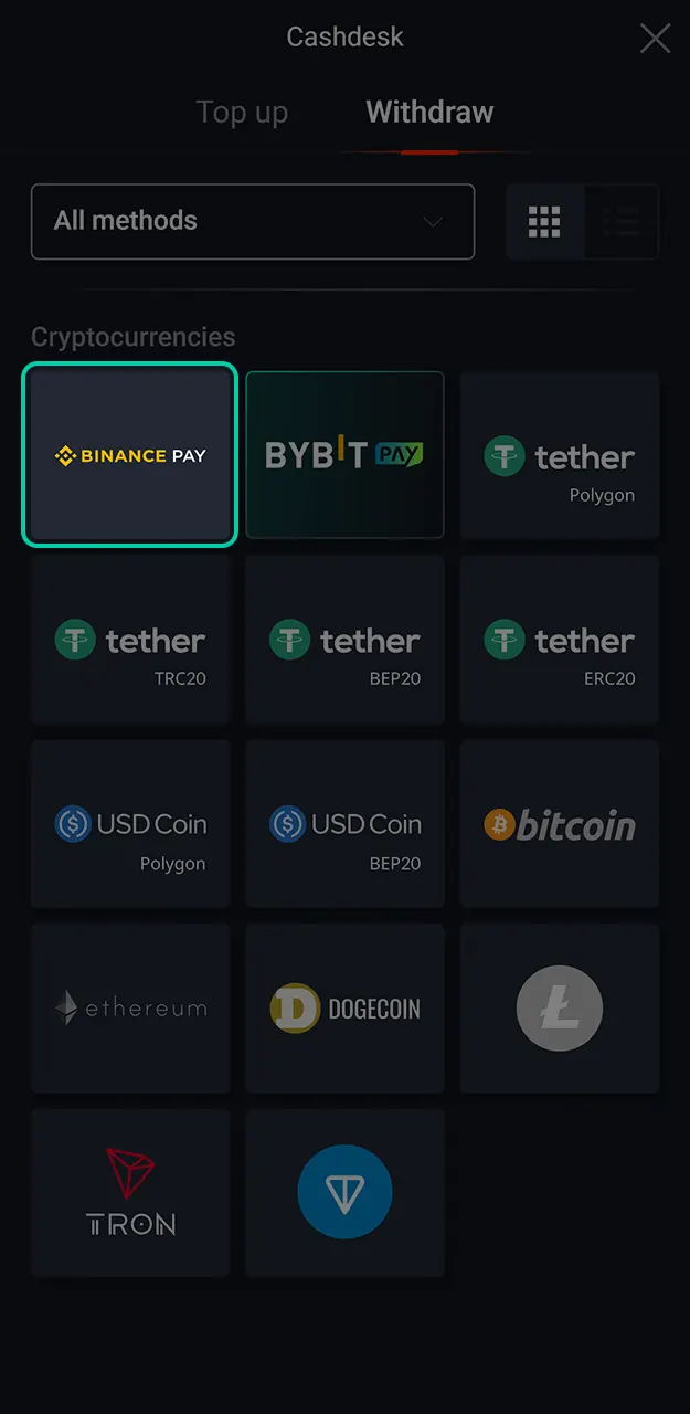 Select a convenient payment method for fast withdrawal of funds from Pin-Up.