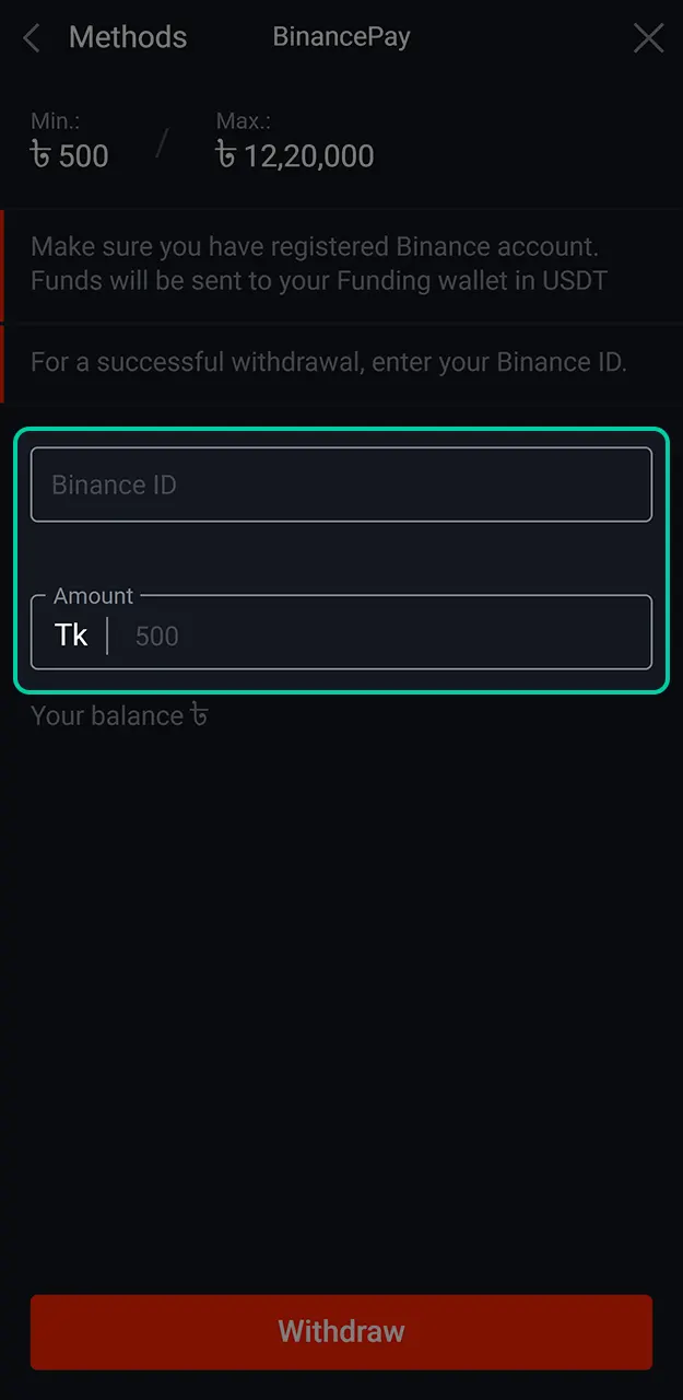 Provide the necessary information to withdraw funds from Pin-Up.