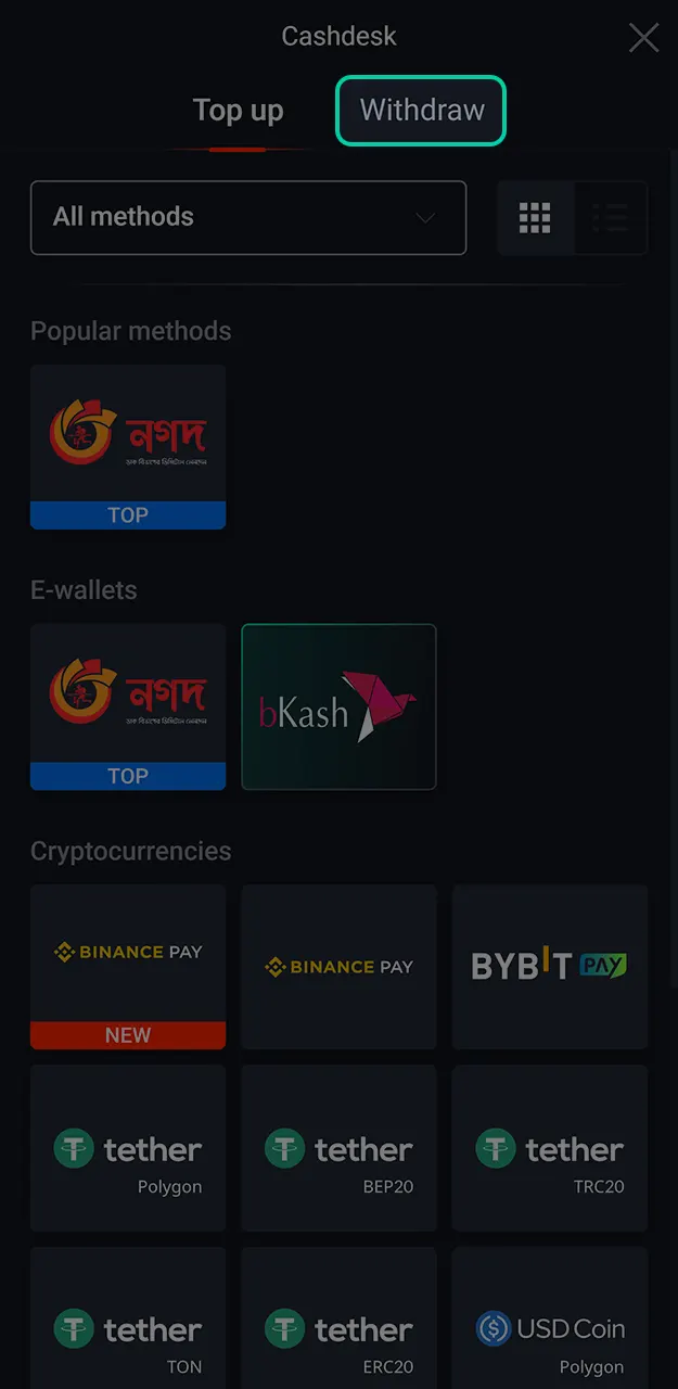 Go to the payout section to manage your Pin-Up withdraw request.