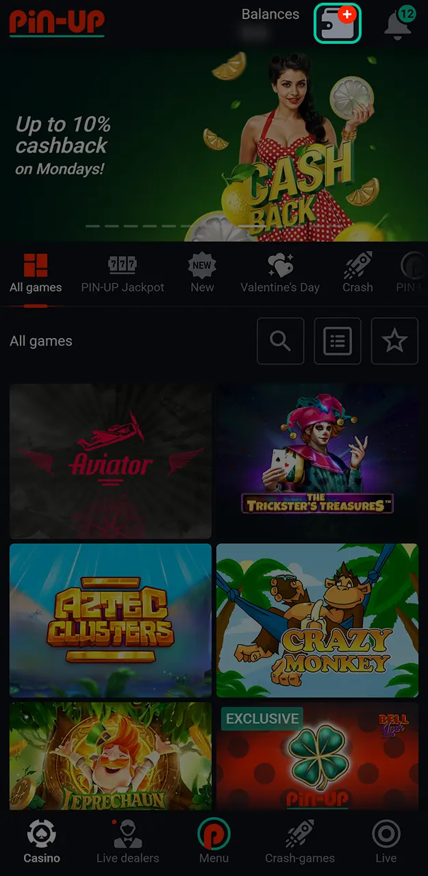 Open the deposit section in the app to activate the Pin-Up promo code.