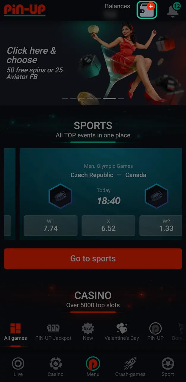 Top up your balance to enter the promo code on Pin-Up.