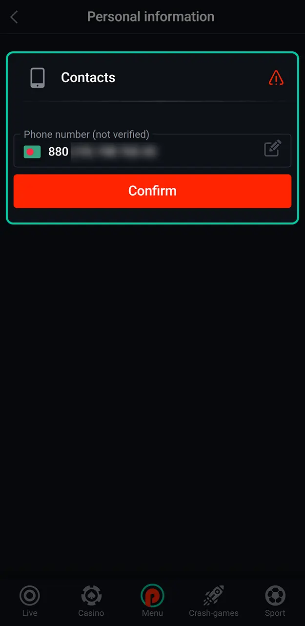 Enter the code received to validate your Pin-Up registration on mobile.