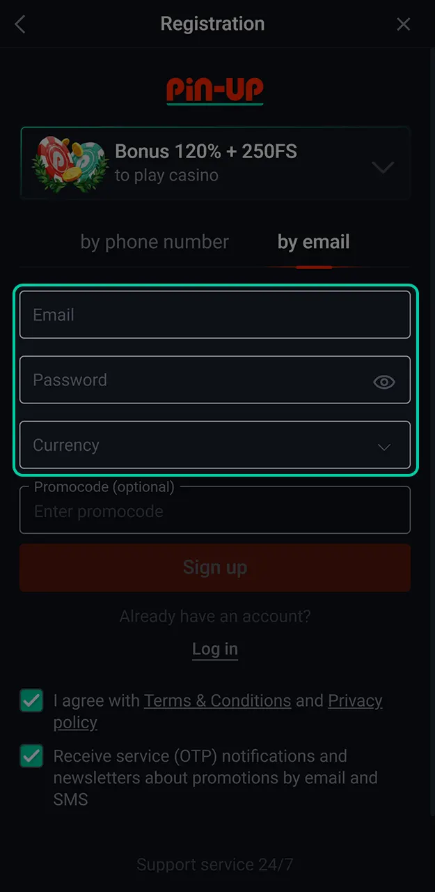 Enter your mobile phone number or email address to continue registering with Pin-Up.