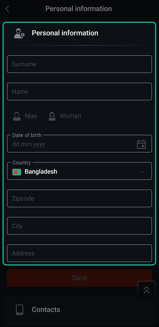 Save your personal settings to complete your registration with Pin-Up on your phone.