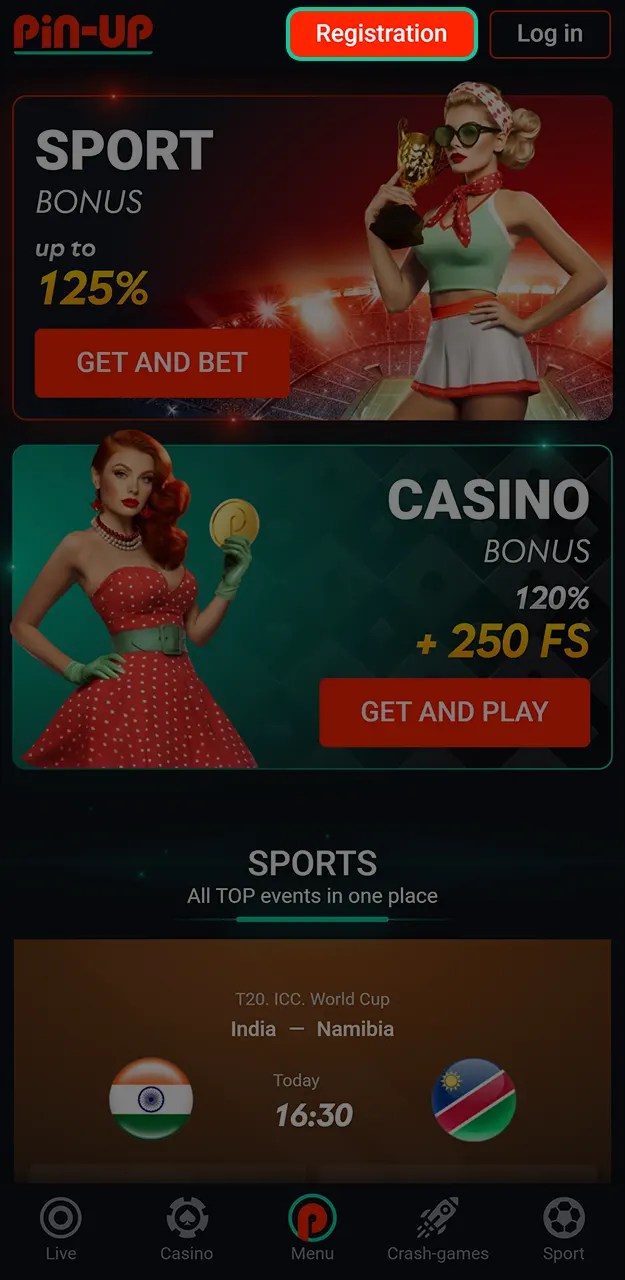 Launch the app on your device to begin the Pin-Up registration process.