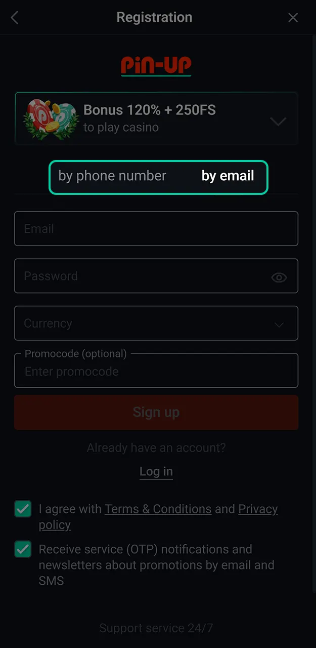 Select your preferred registration option on Pin-Up.