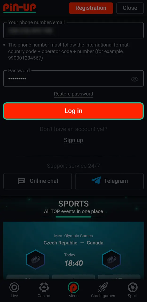 Log in to Pin-Up and start placing bets.
