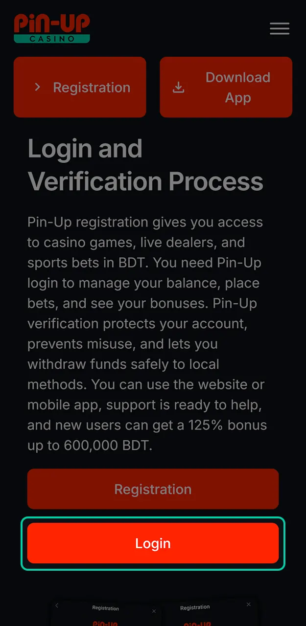 Tap to open the authorized Pin-Up login form.