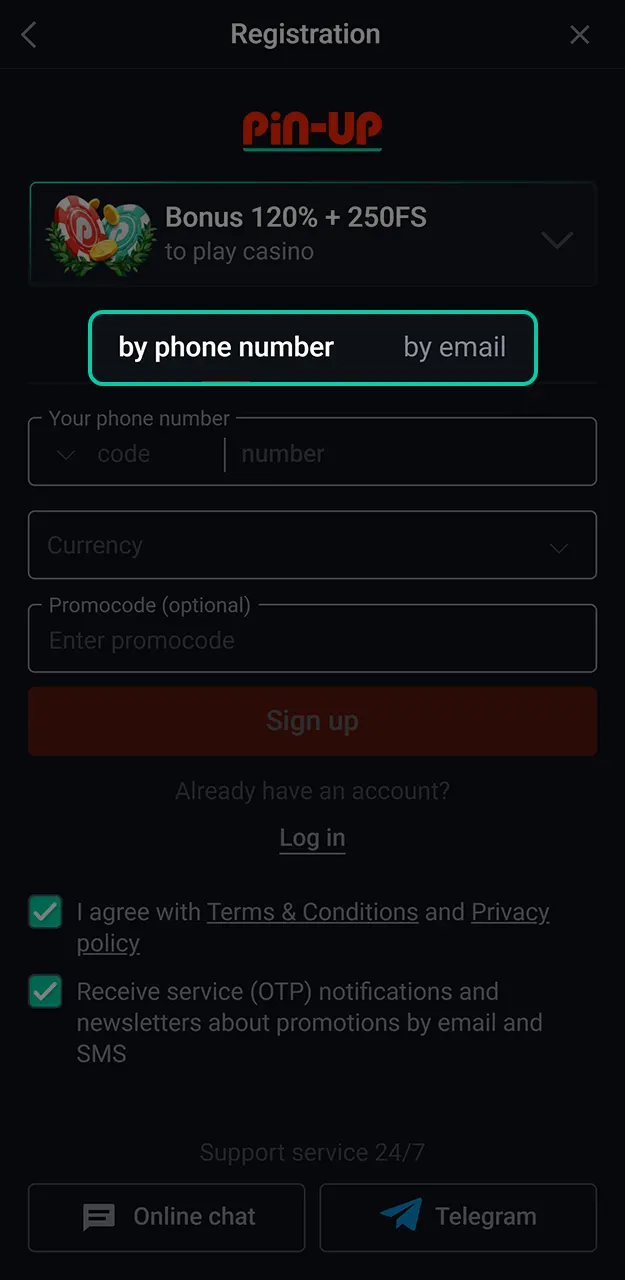 Select email or phone registration to begin your Pin-Up sign up now.