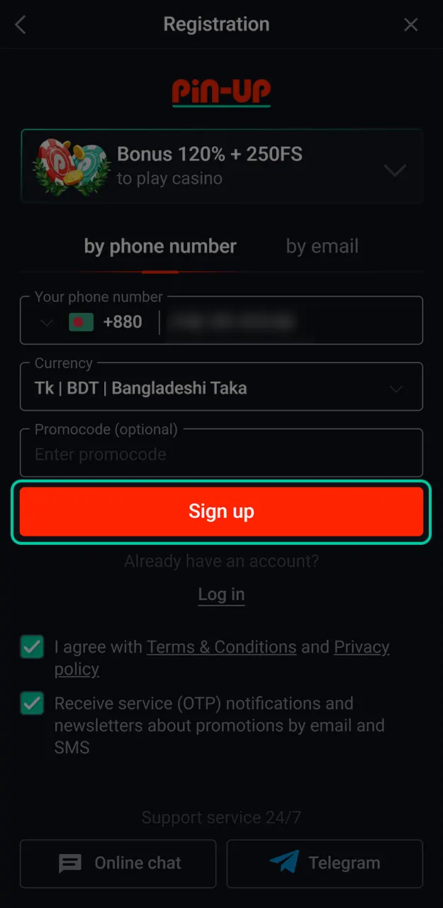 Click the button to complete your registration with Pin-Up.