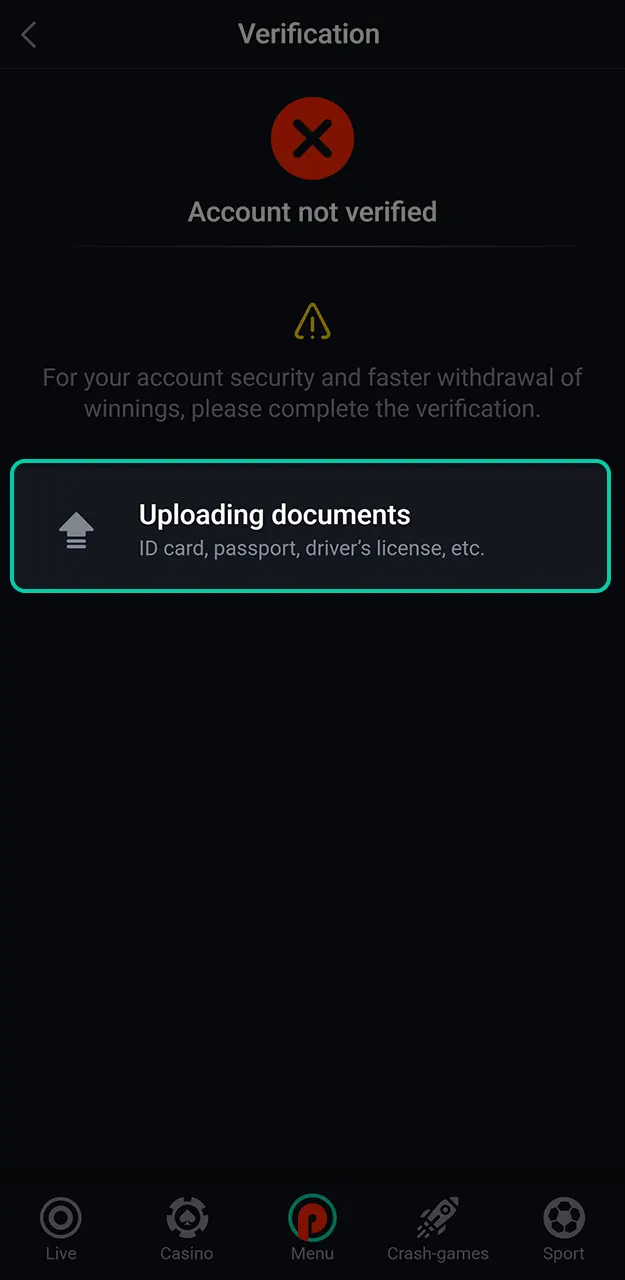 Provide your ID or passport photo for the mandatory Pin-Up verification step.