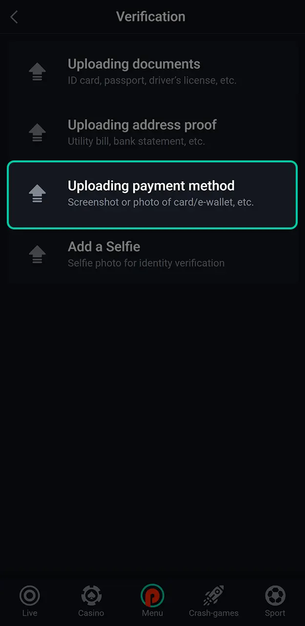 Upload the necessary data to receive payments in Pin-Up.