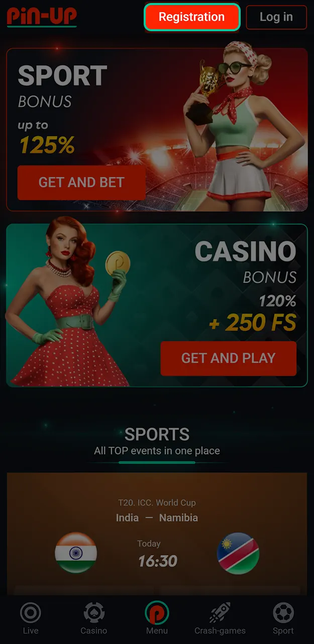 Register a new account to receive the Pin-Up welcome bonus.