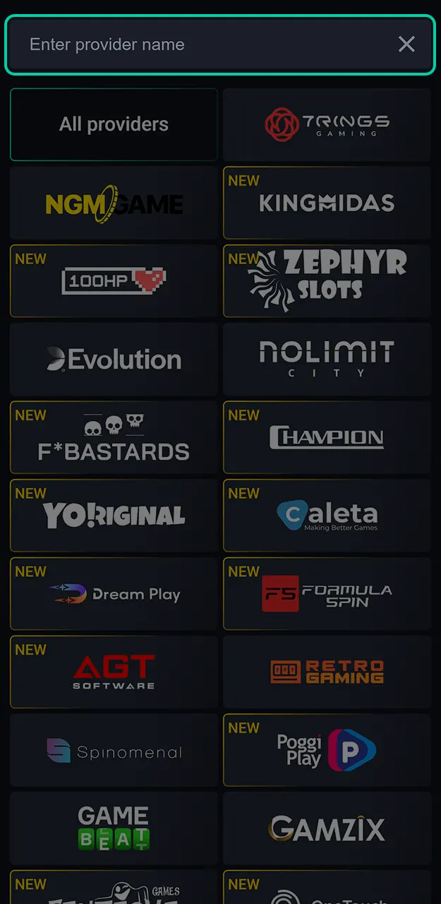 Filter slots by leading developers at Pin-Up.